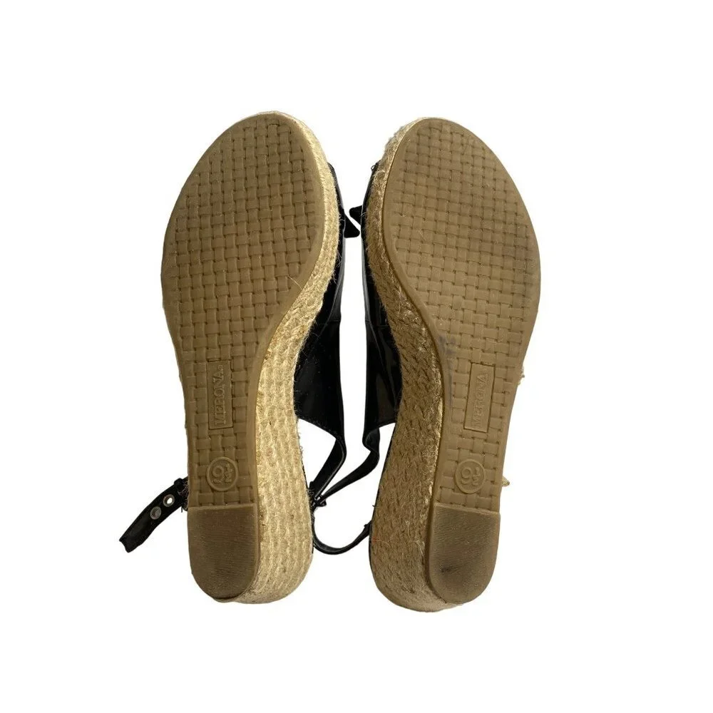 Black patent leather bow embellished espadrille wedges sandals women size 9.5‎